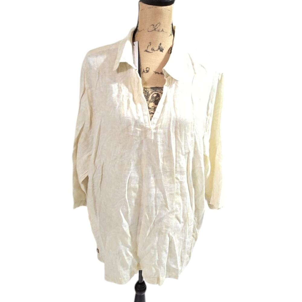 Tahari 100 % Linen light yellow and white floral print Tunic Length Shirt 2X new